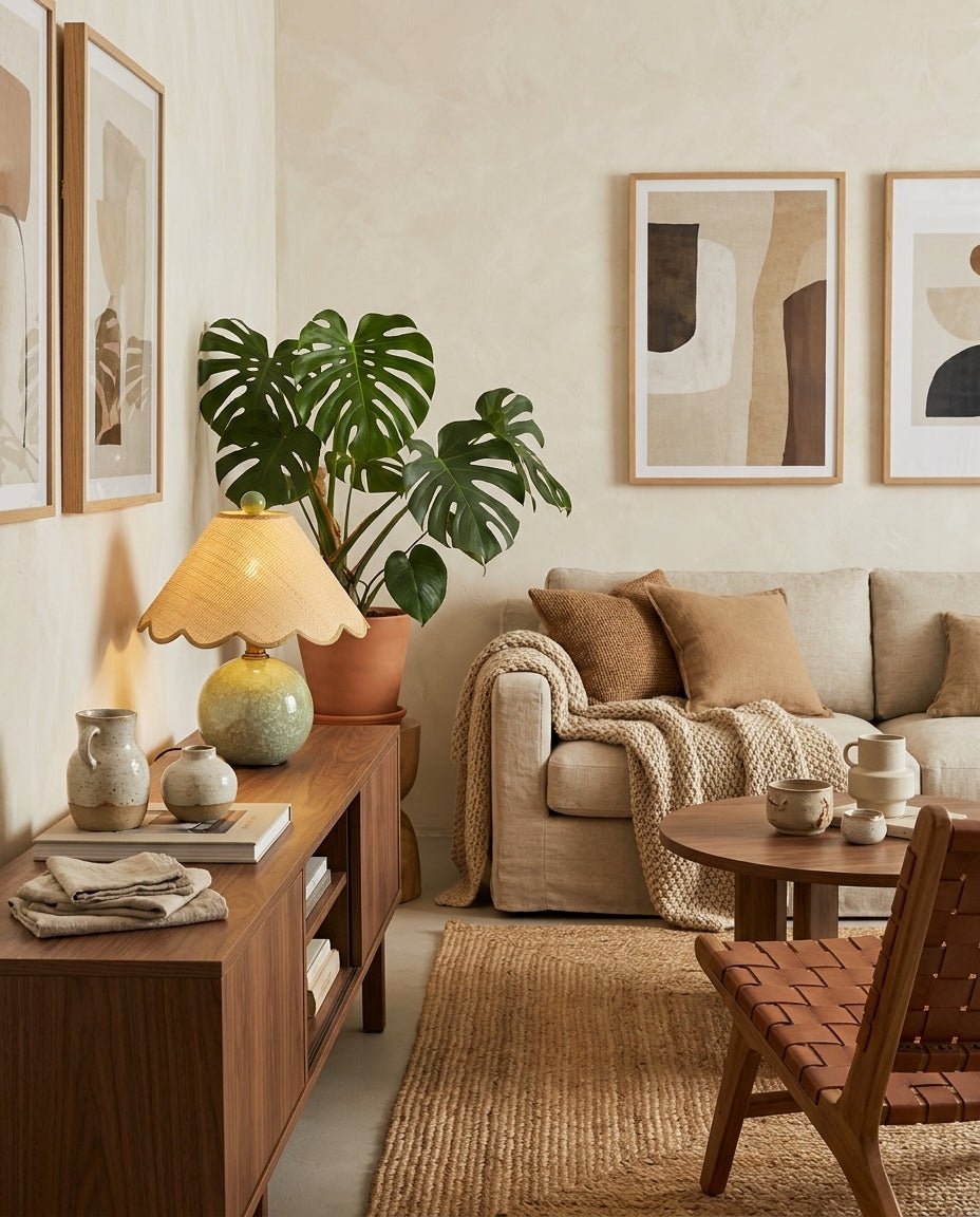 Lámpara de mesa de cerámica Rizona – en un salón con plantas