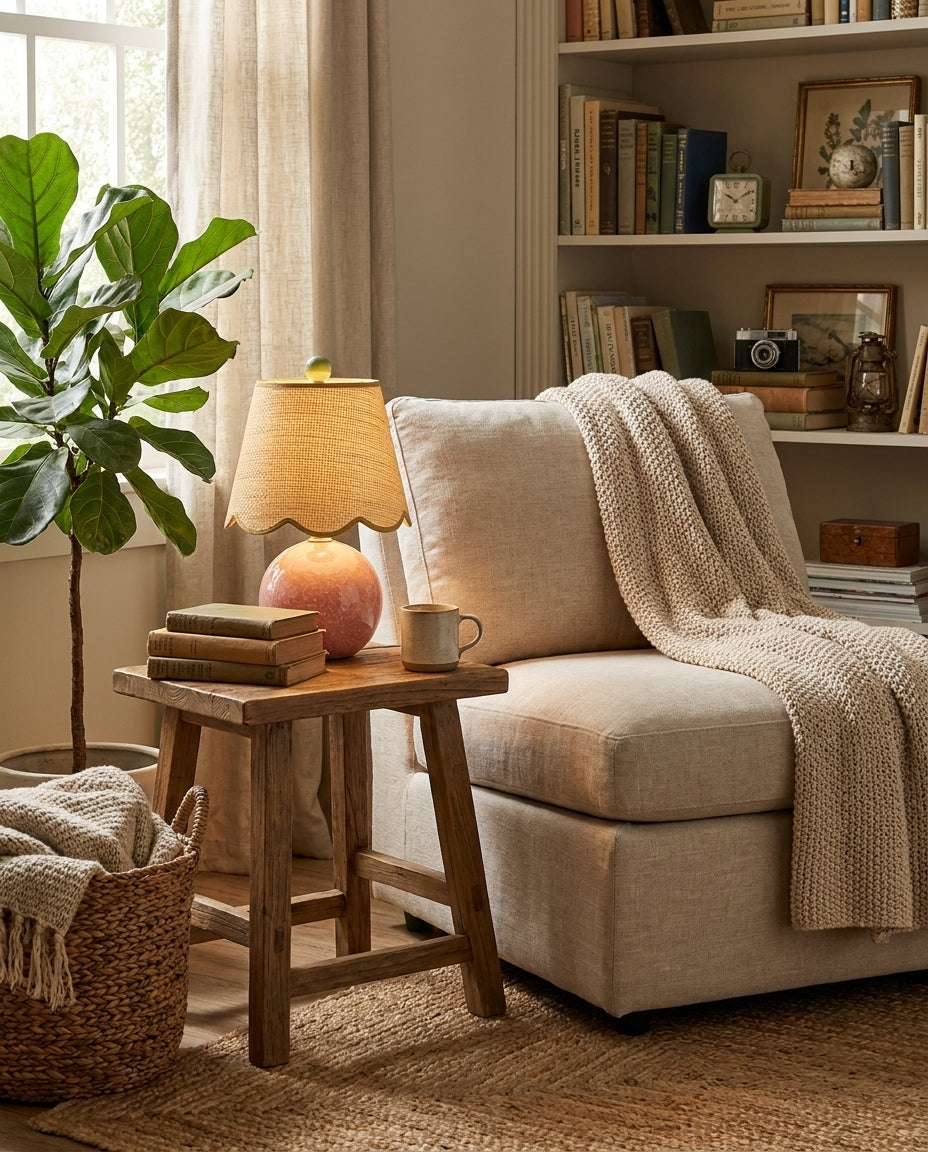 Lámpara de mesa de cerámica Rizona – con base rosa junto a un sillón
