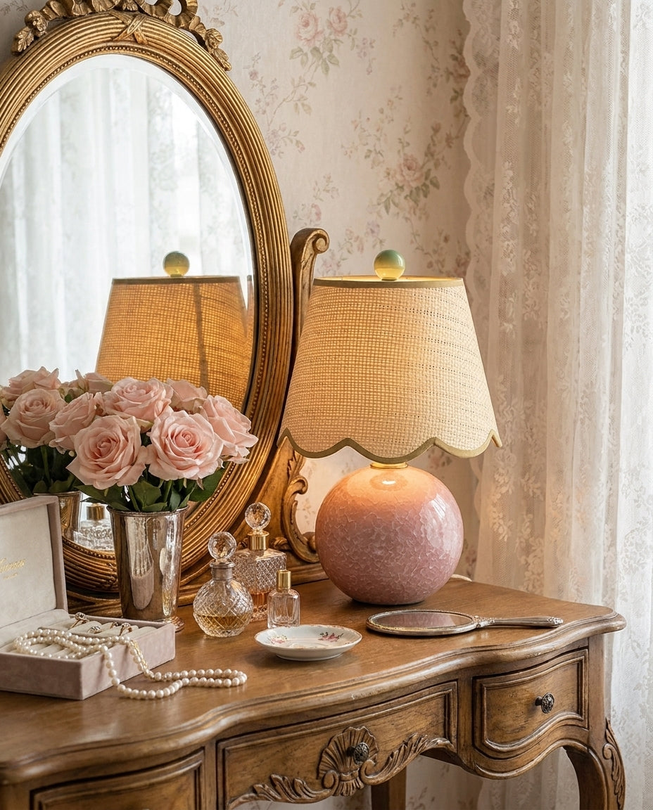 Lámpara de mesa de cerámica Rizona – con base rosa en un tocador