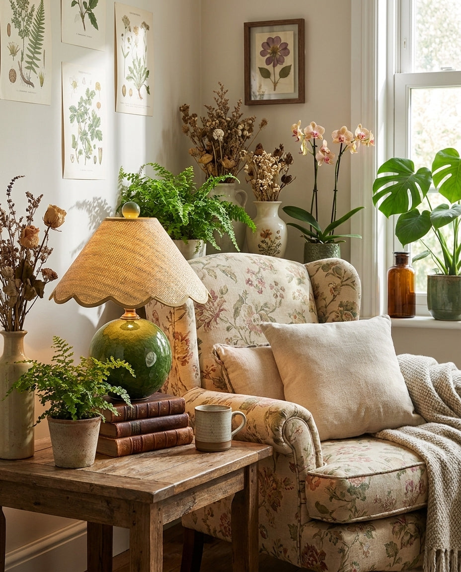 Lámpara de mesa de cerámica Rizona – con base verde bosque junto a un sillón floral