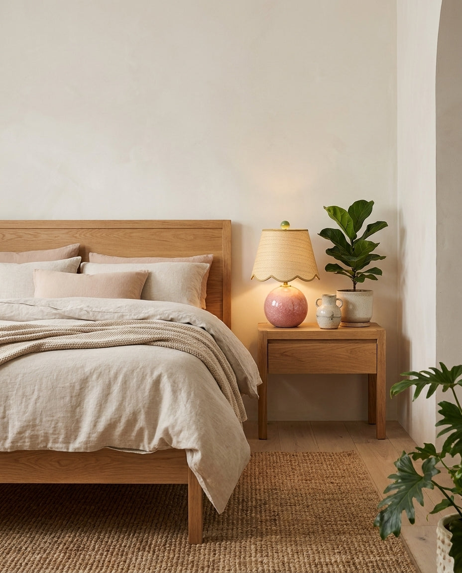 Lámpara de mesa de cerámica Rizona – en una mesita de un dormitorio luminoso