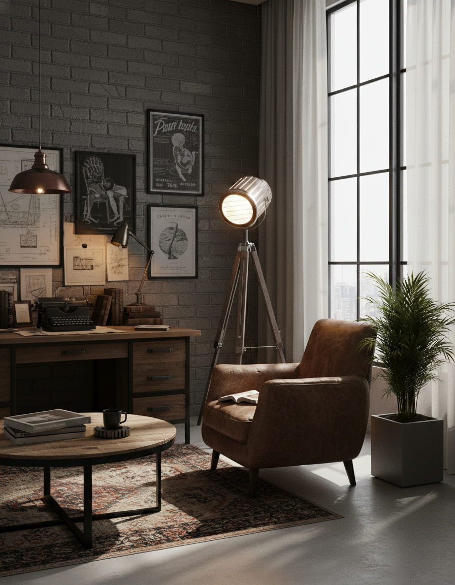 Lámpara de pie trípode Rodira en un salón de estilo industrial – imagen 12