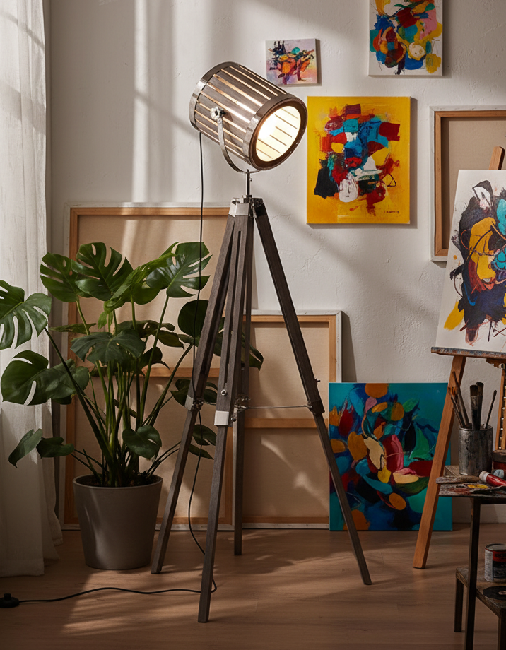Lámpara de pie trípode Rodira en un salón de estilo industrial – imagen 14