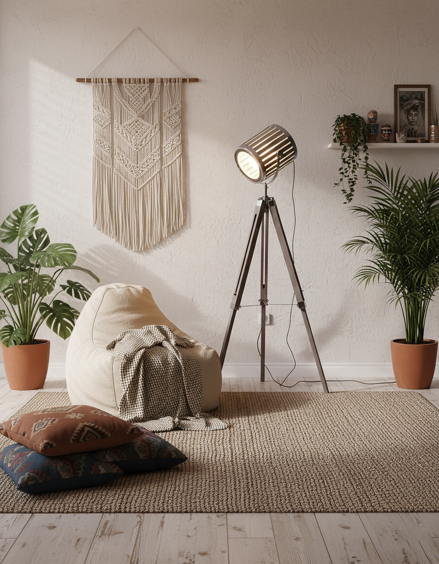 Lámpara de pie trípode Rodira en un salón de estilo industrial – imagen 15