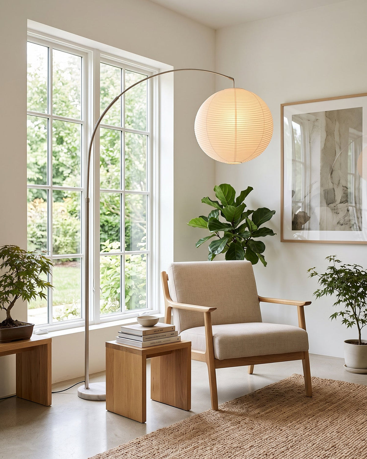 Lámpara de pie de arco con globo de papel Rolanta en un salón de estilo japandi – imagen 10