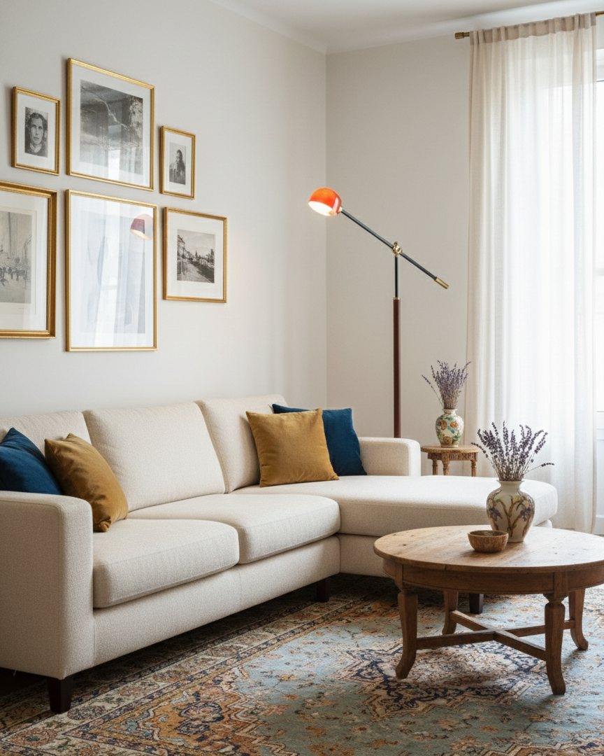 Lámpara de pie con brazo basculante Romanela en un salón de estilo retro – imagen 6
