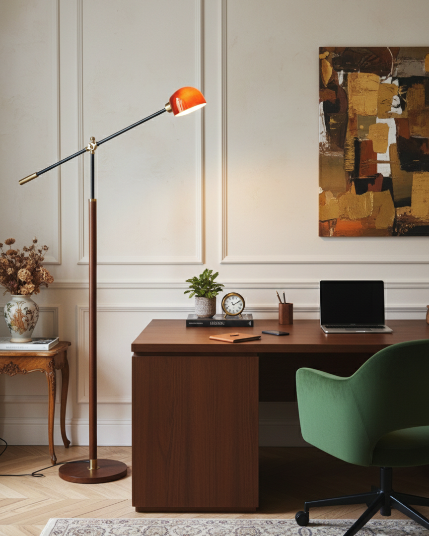 Lámpara de pie con brazo basculante Romanela en un salón de estilo retro – imagen 8