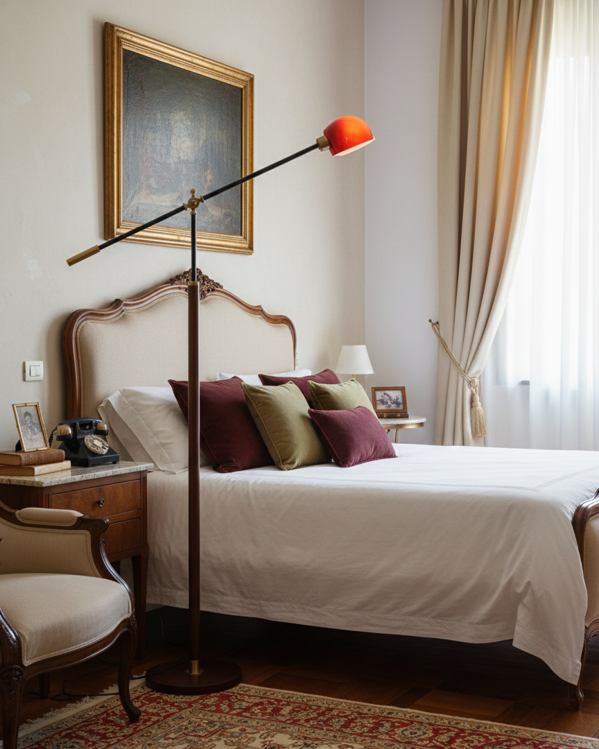 Lámpara de pie con brazo basculante Romanela en un salón de estilo retro – imagen 11