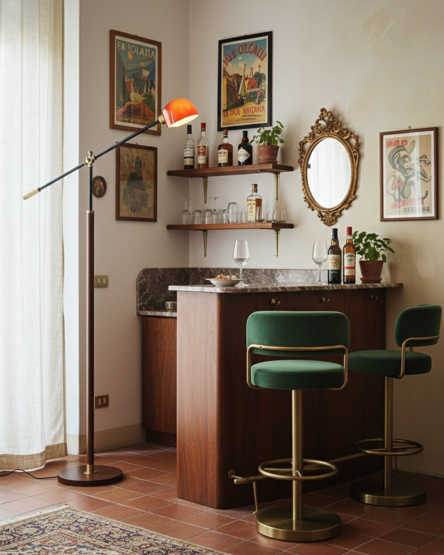 Lámpara de pie con brazo basculante Romanela en un salón de estilo retro – imagen 13