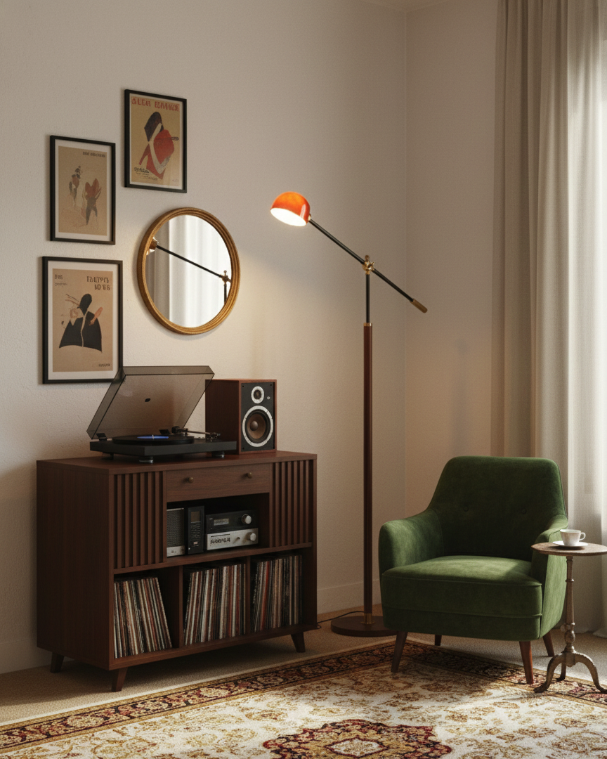 Lámpara de pie con brazo basculante Romanela en un salón de estilo retro – imagen 14