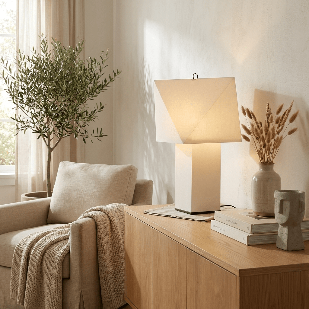 Rombiza - Lámpara de Mesa con Pantalla de Papel Facetada y Pie Cuadrado