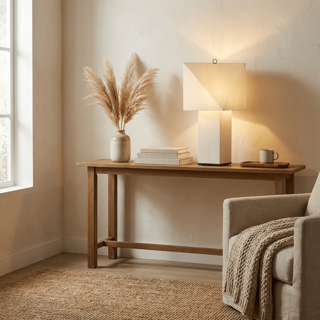 Lámpara de mesa de papel Rombiza – sobre una consola de madera