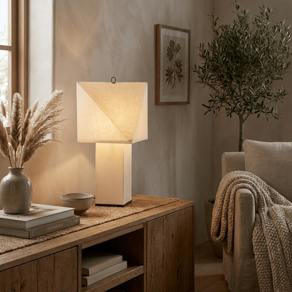 Lámpara de mesa de papel Rombiza – sobre un mueble bajo junto a una ventana