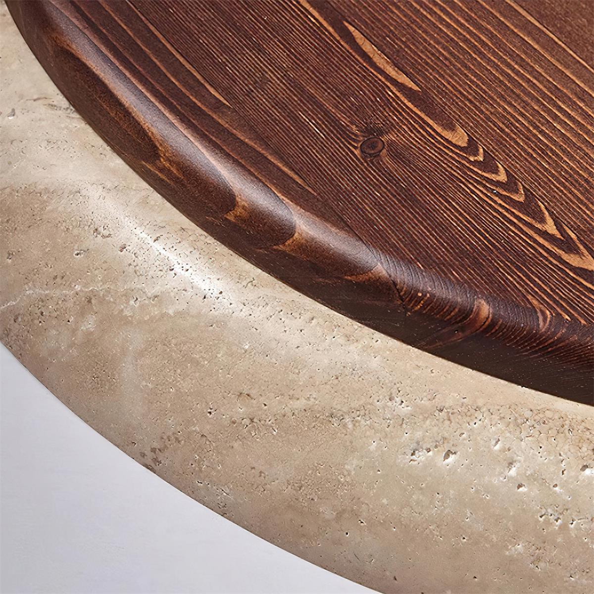 Plafón LED de techo Calerra con aro de travertino – detalle del travertino y la madera