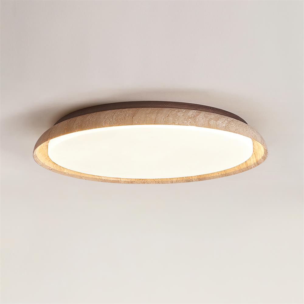 Plafón LED de techo Calerra con aro de travertino en un salón de estilo japandi – imagen 13