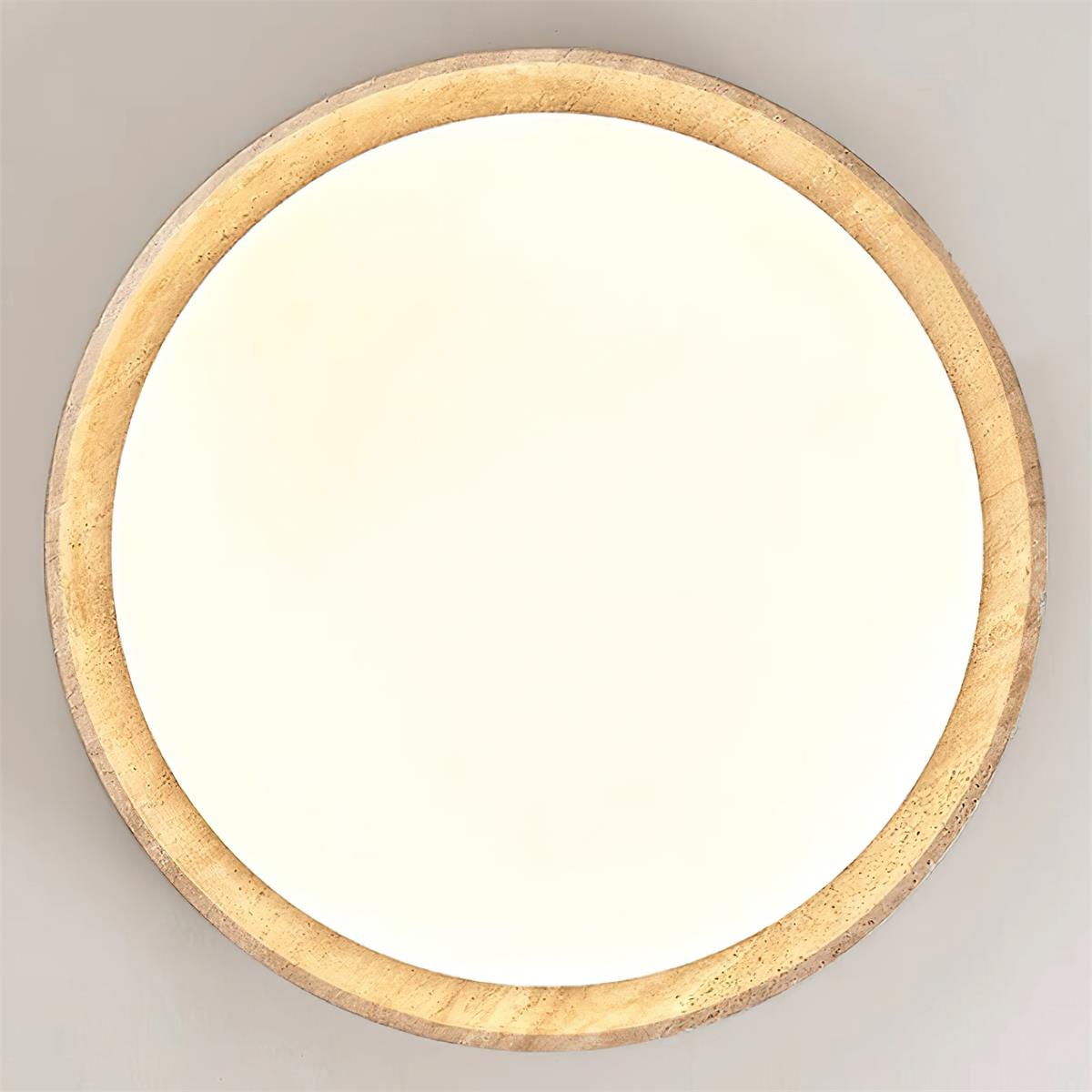 Plafón LED de techo Calerra con aro de travertino – vista inferior con difusor opal