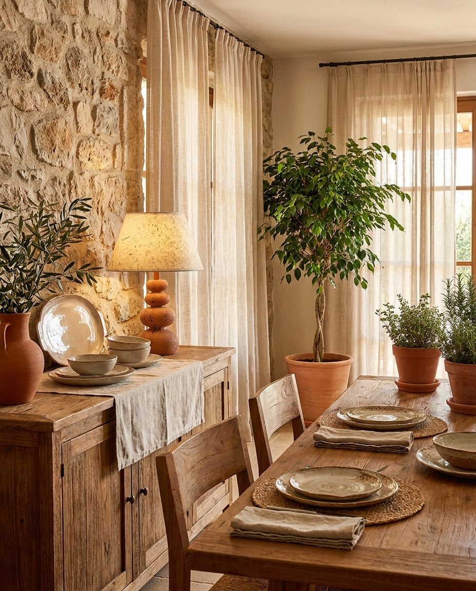 Lámpara de mesa de travertino Rovina – iluminando un comedor rústico