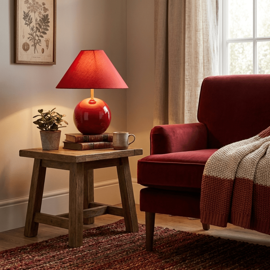 Lámpara de mesa de cerámica roja Rubiela – en una mesa auxiliar junto a un sillón