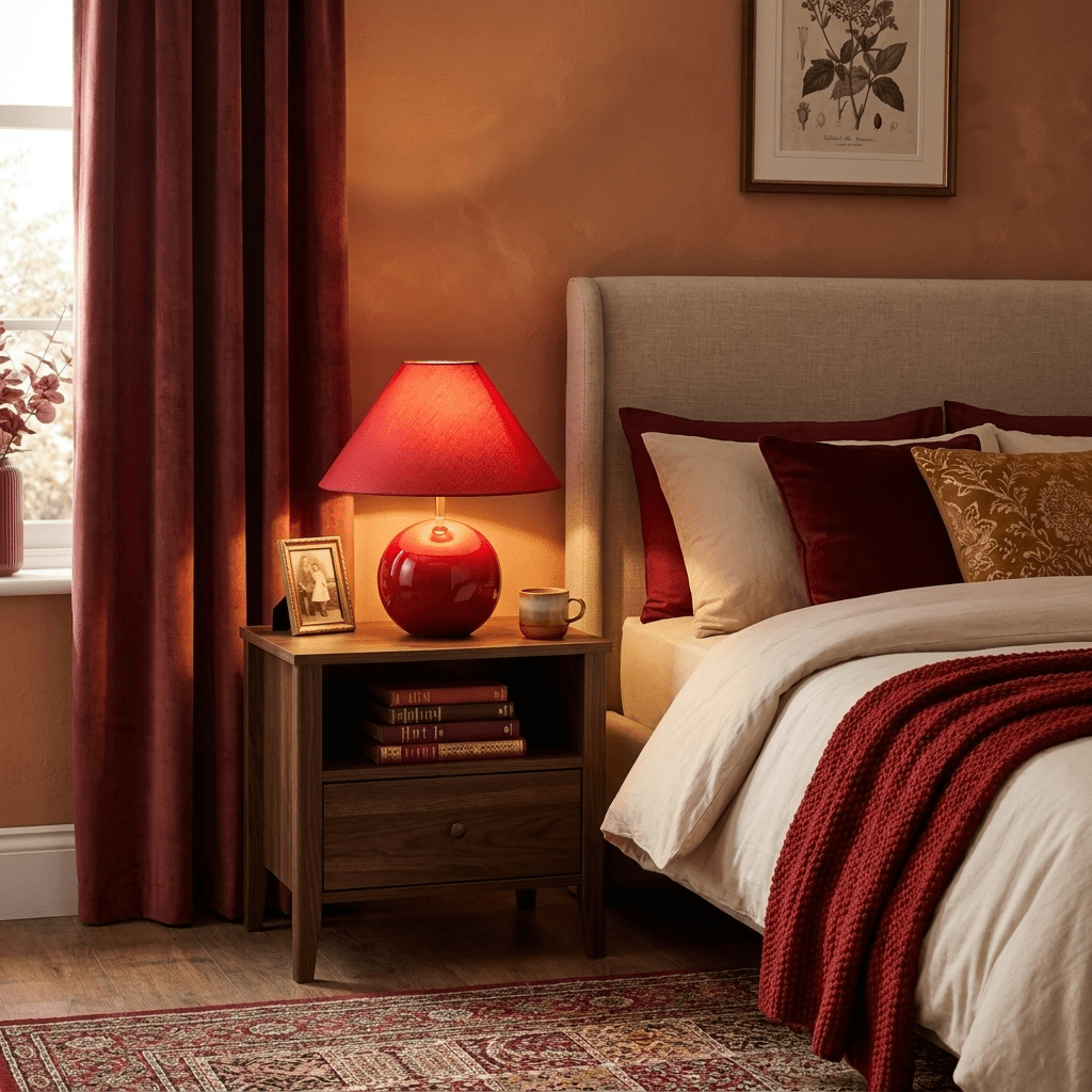 Lámpara de mesa de cerámica roja Rubiela – junto a la cama en un dormitorio