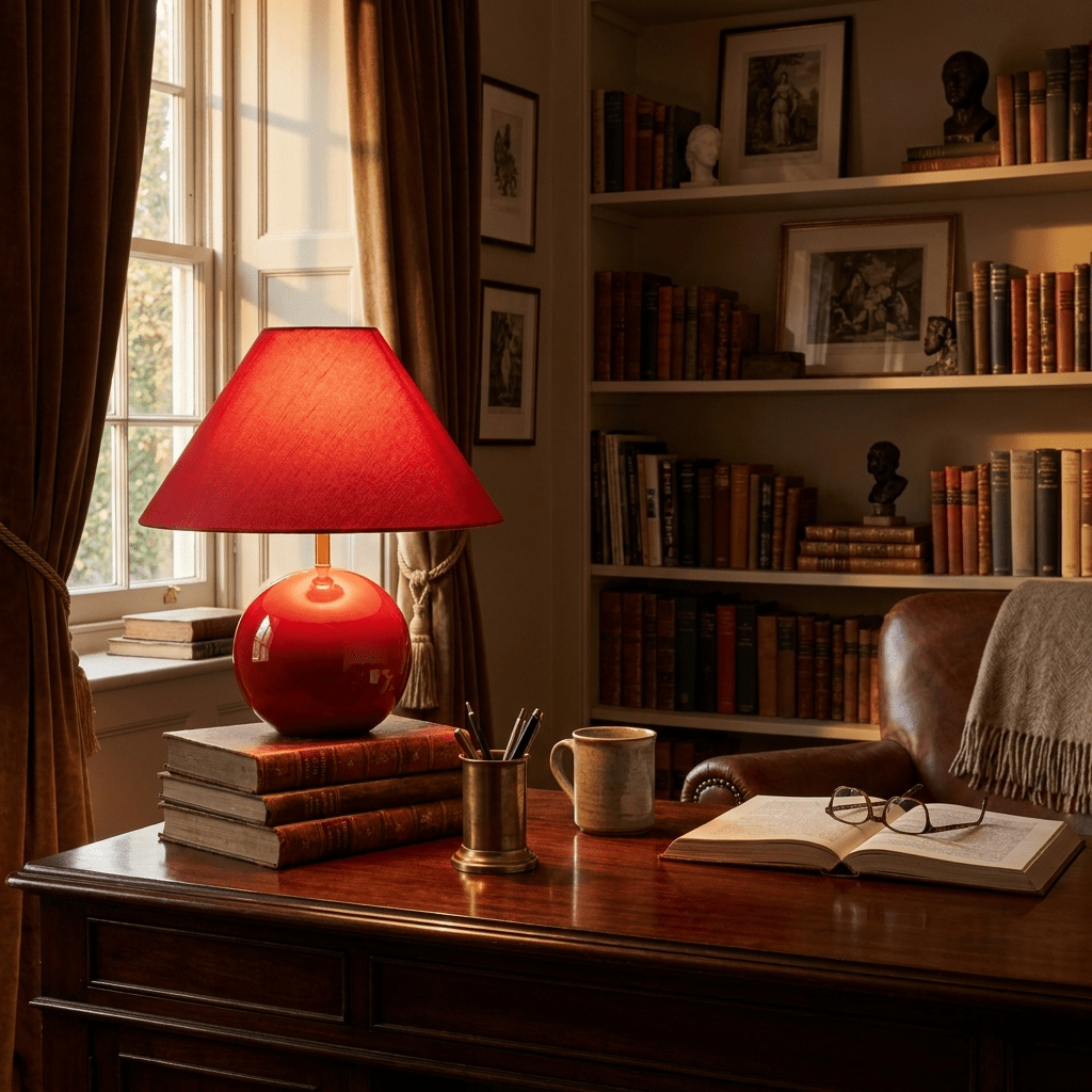 Lámpara de mesa de cerámica roja Rubiela – sobre un escritorio en una biblioteca