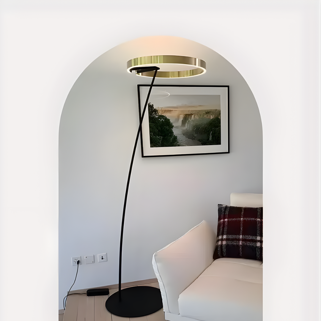 Lámpara de pie arco Ruedana – tallo curvo con aro LED dorado