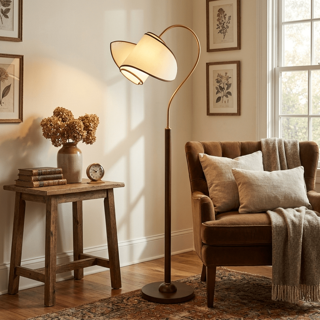Lámpara de pie de lectura Rulisa – junto a un sillón de terciopelo marrón