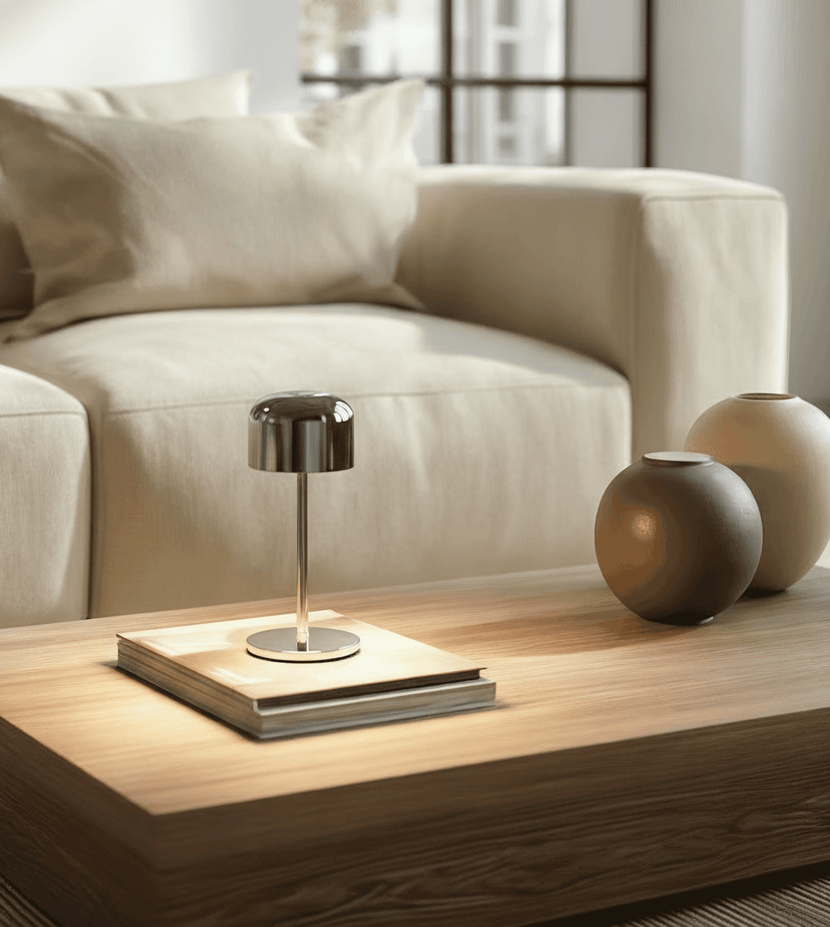 Lámpara de mesa recargable Rupela en un salón luminoso – imagen 3