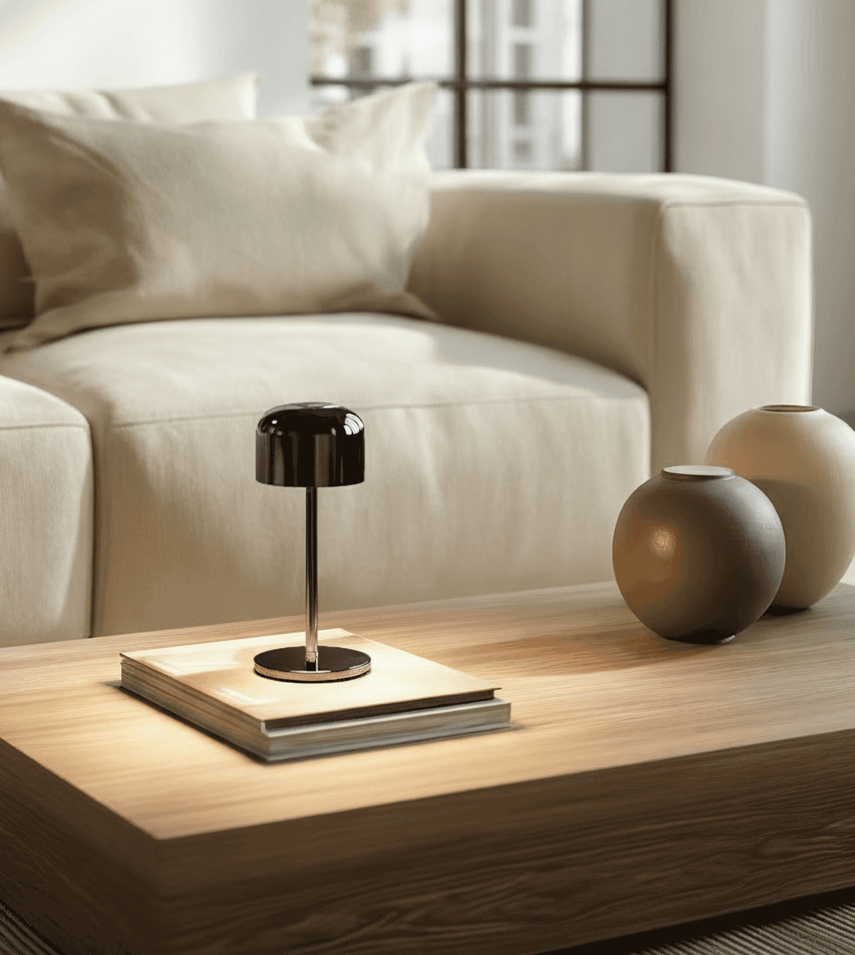 Lámpara de mesa recargable Rupela en un salón luminoso – imagen 11