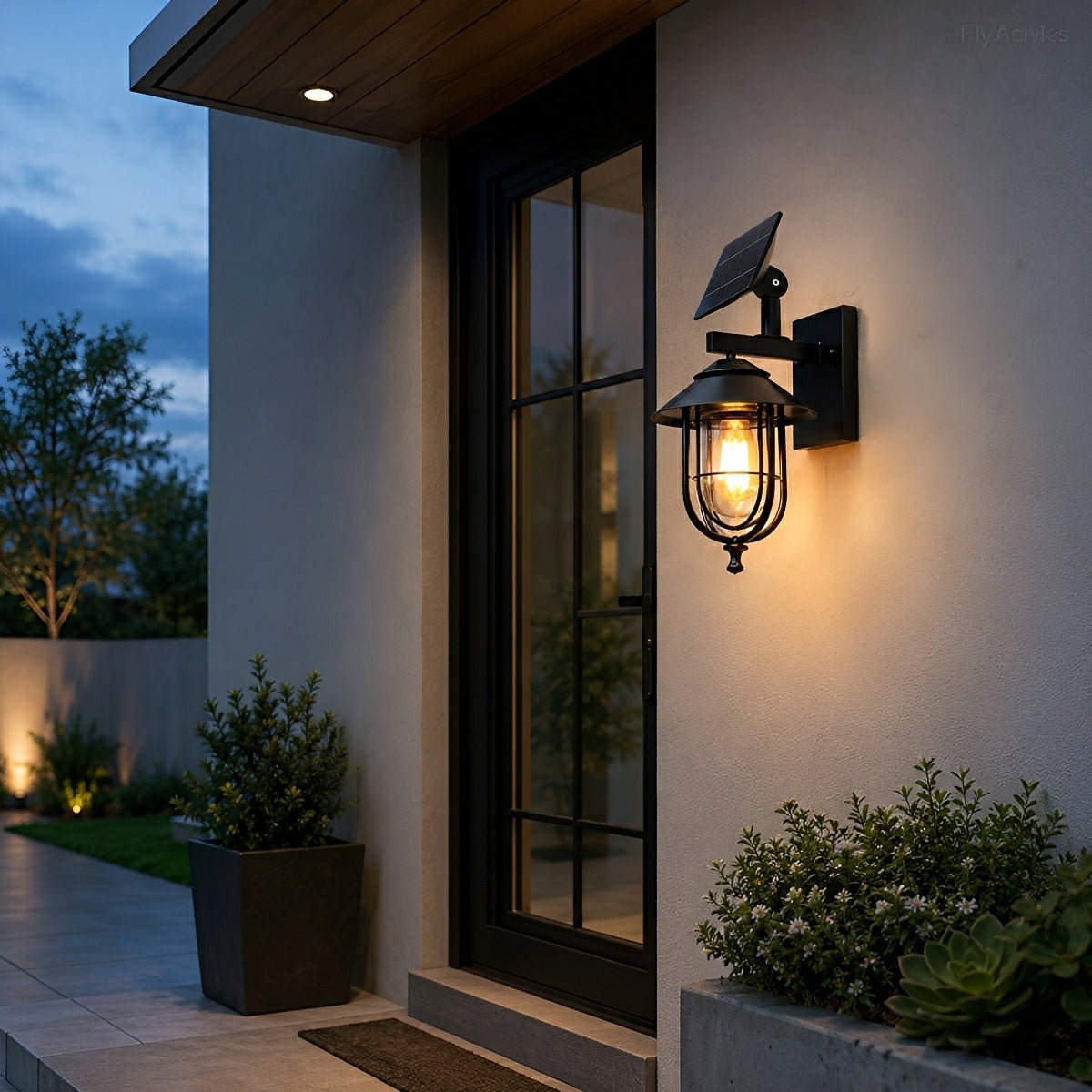 Aplique de pared exterior Jaulina – versión solar junto a una puerta de entrada