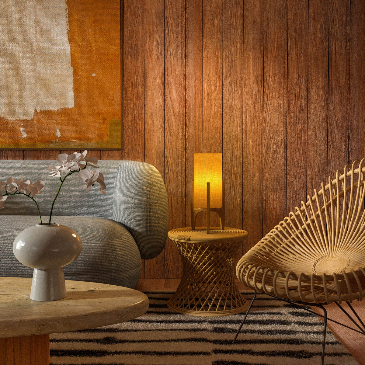 Lámpara de mesa de lino y madera Velasca en un salón cálido de madera – imagen 5