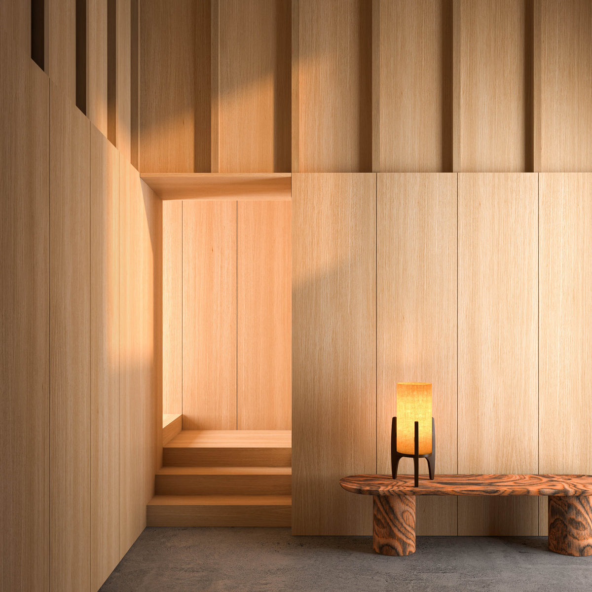 Lámpara de mesa de lino y madera Velasca en un salón cálido de madera – imagen 9