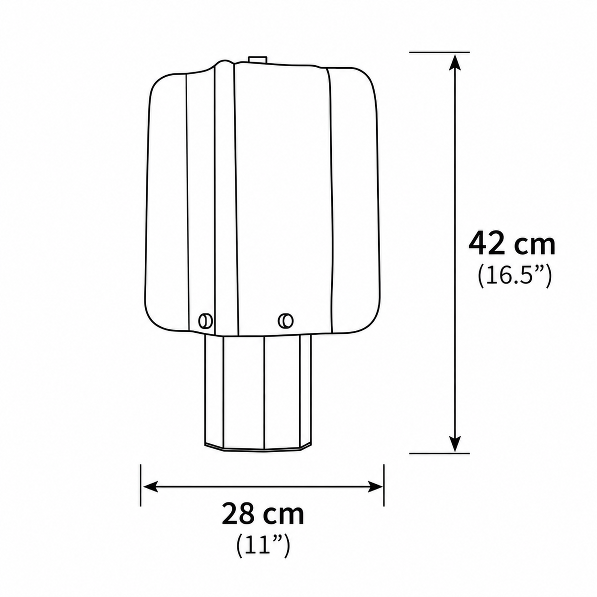 Lámpara de mesa de cristal ámbar Sambara – dibujo con sus medidas de 28 cm de ancho y 42 cm de alto