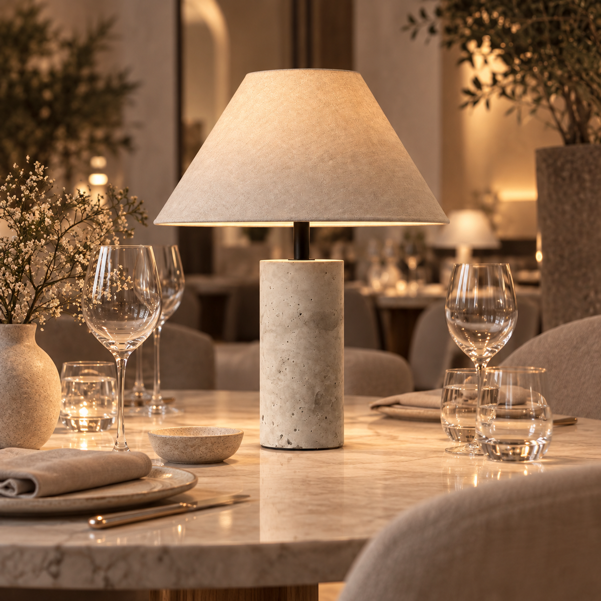 Saroca - Lámpara de Mesa de Travertino con Pantalla de Lino Natural