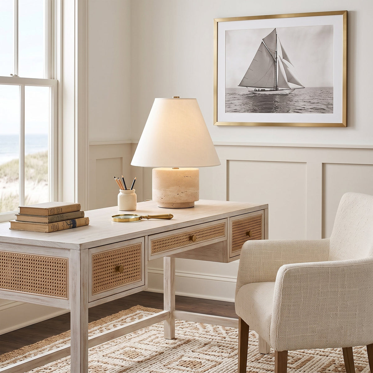 Lámpara de mesa de travertino Saxela – en un escritorio junto a la ventana