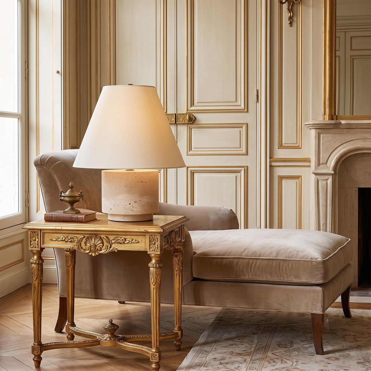Lámpara de mesa de travertino Saxela – junto a una chaise longue