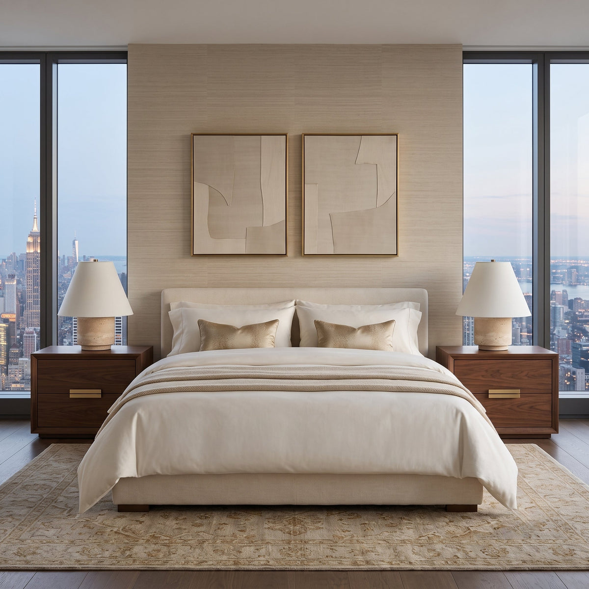Lámpara de mesa de travertino Saxela – en un dormitorio con vistas a la ciudad