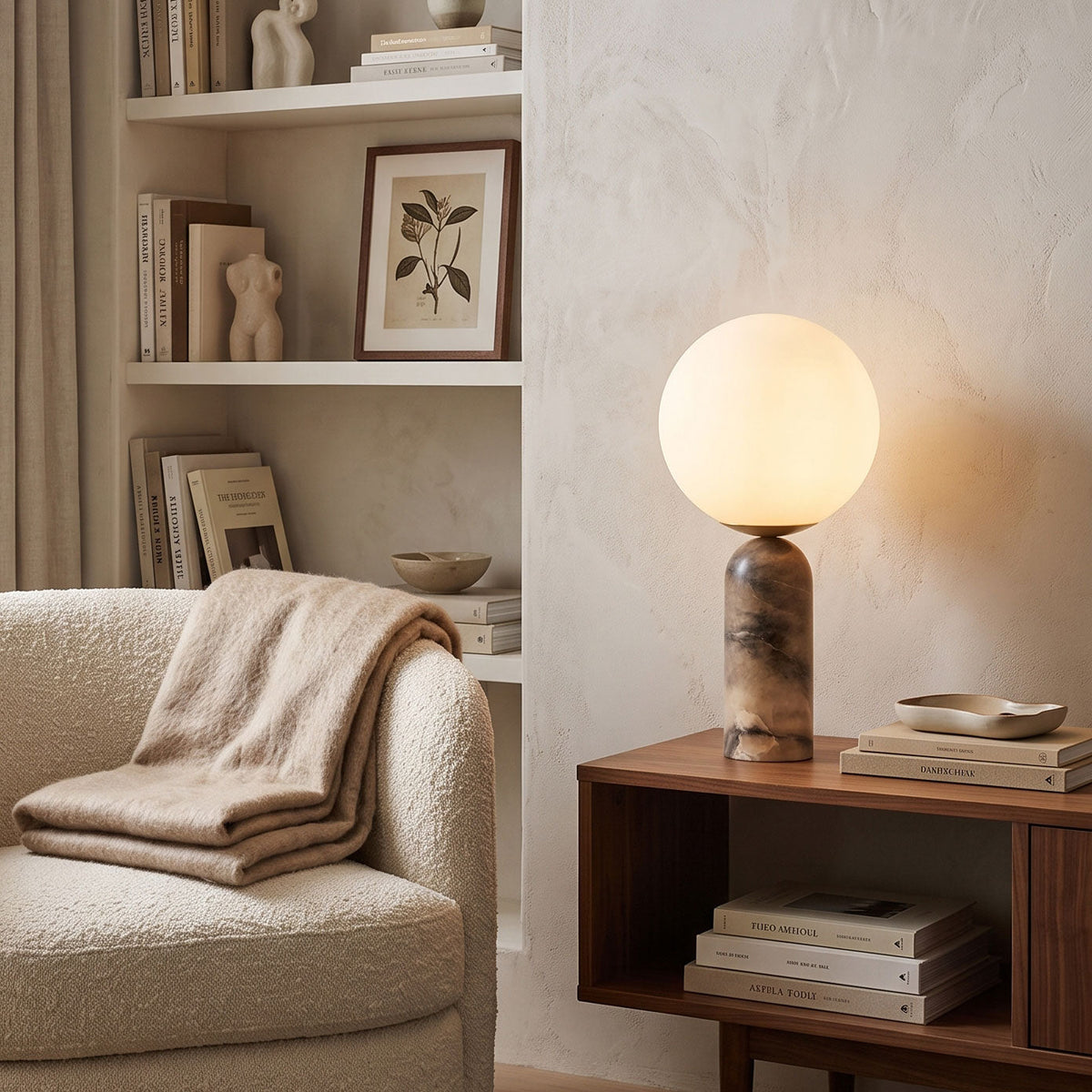 Lámpara de mesa de mármol Selunda – encendida en un salón con estanterías