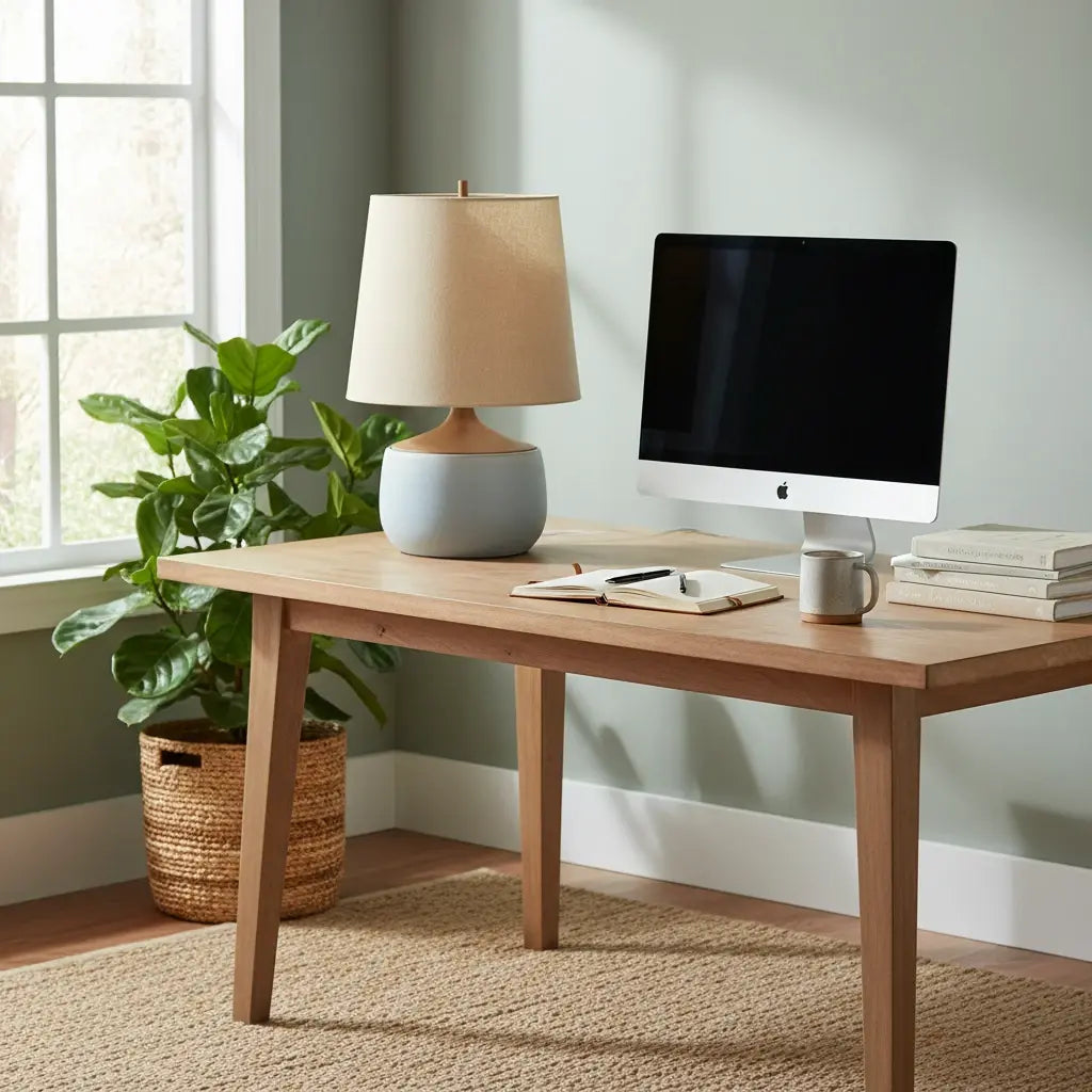Lámpara de mesa de cerámica y lino Senuva sobre una mesa auxiliar junto al sofá – imagen 7