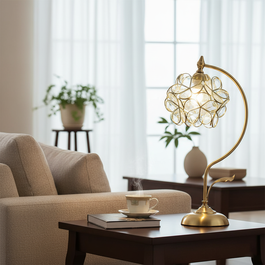 Lámpara de mesa de latón con flor de cristal Sepalia en un salón romántico – imagen 10