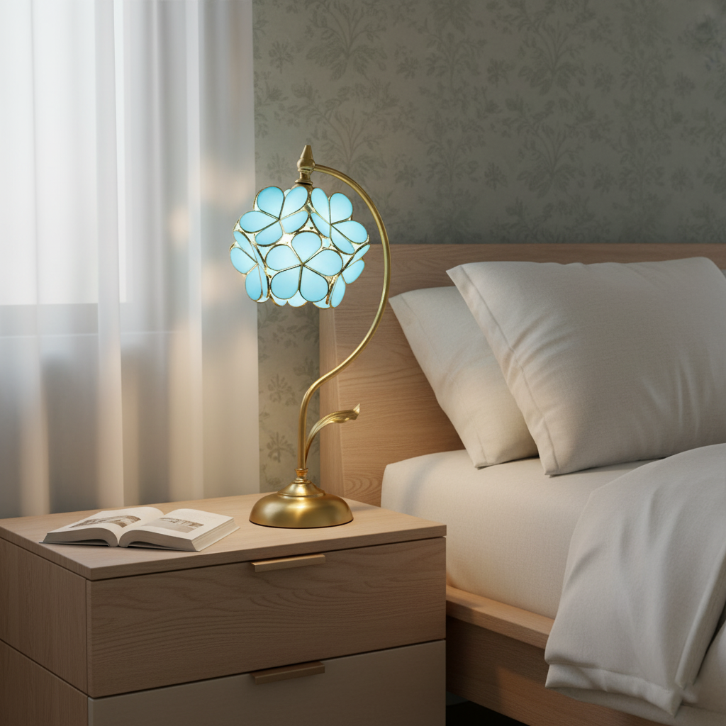 Lámpara de mesa de latón con flor de cristal Sepalia en un salón romántico – imagen 11