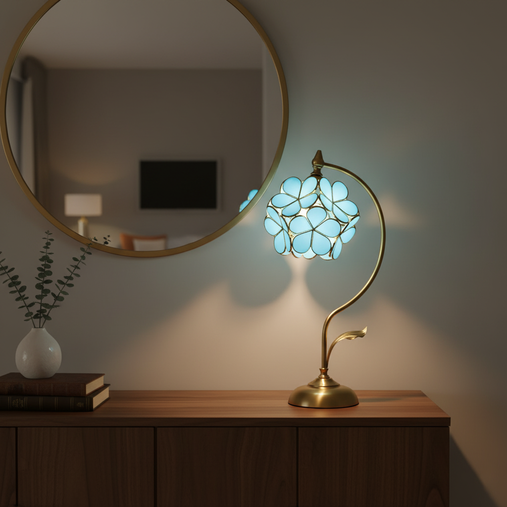 Lámpara de mesa de latón con flor de cristal Sepalia en un salón romántico – imagen 12