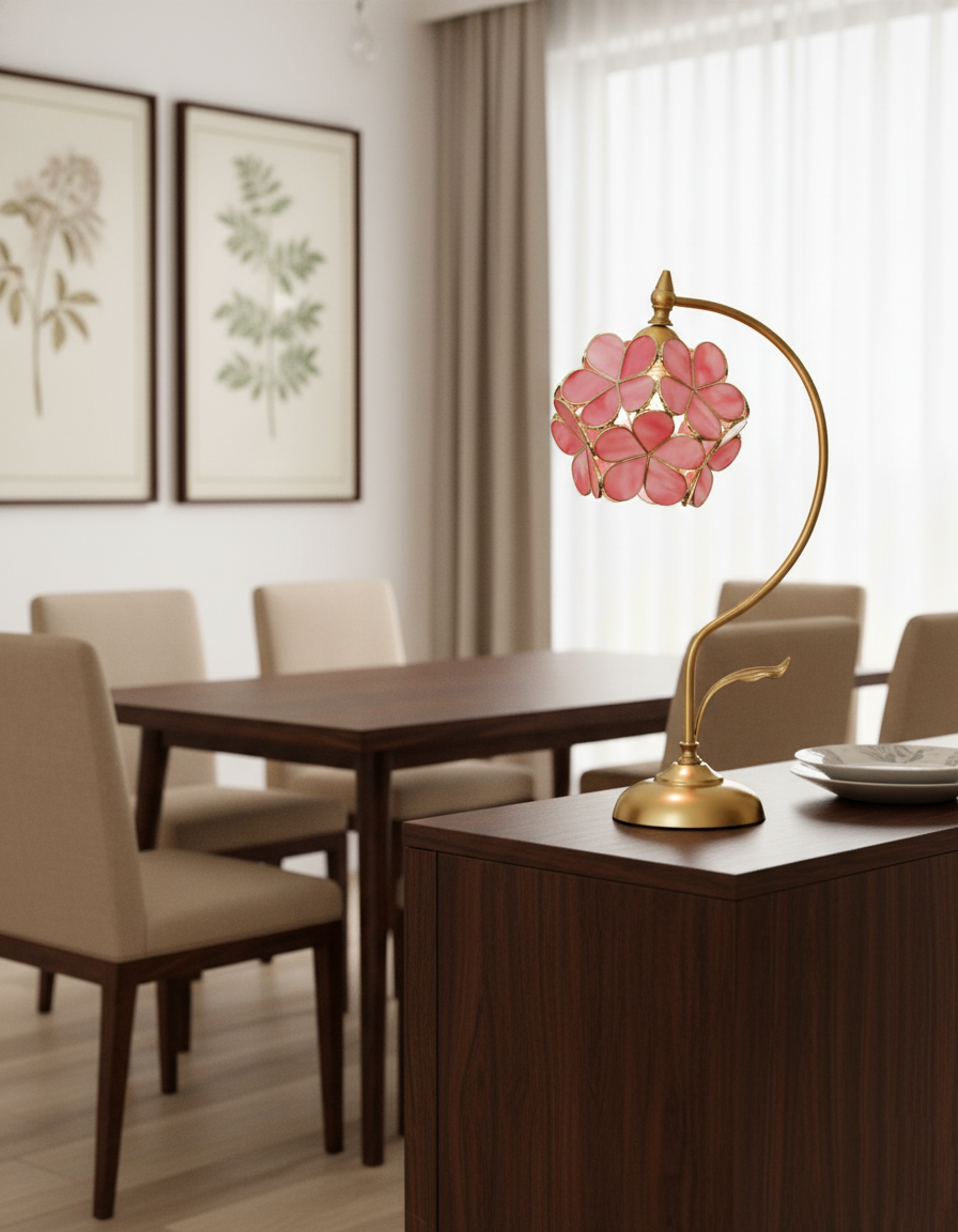 Lámpara de mesa de latón con flor de cristal Sepalia en un salón romántico – imagen 13