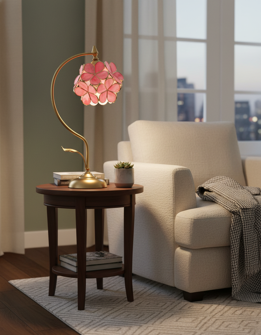 Lámpara de mesa de latón con flor de cristal Sepalia en un salón romántico – imagen 15