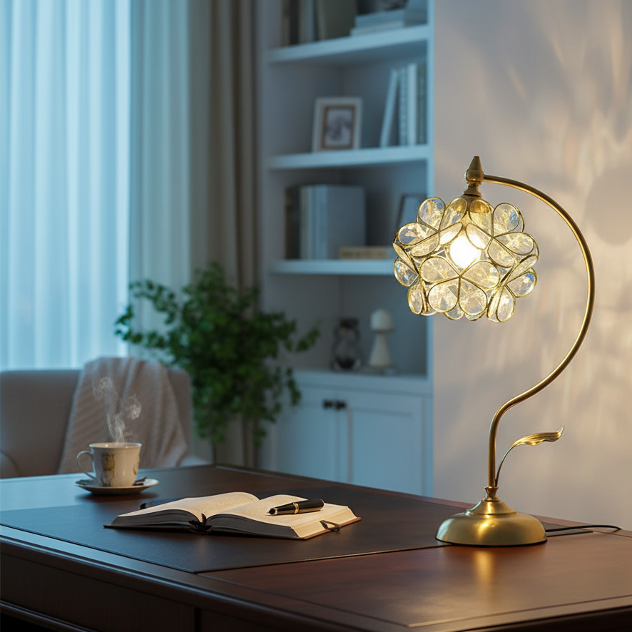 Lámpara de mesa de latón con flor de cristal Sepalia en un salón romántico – imagen 16
