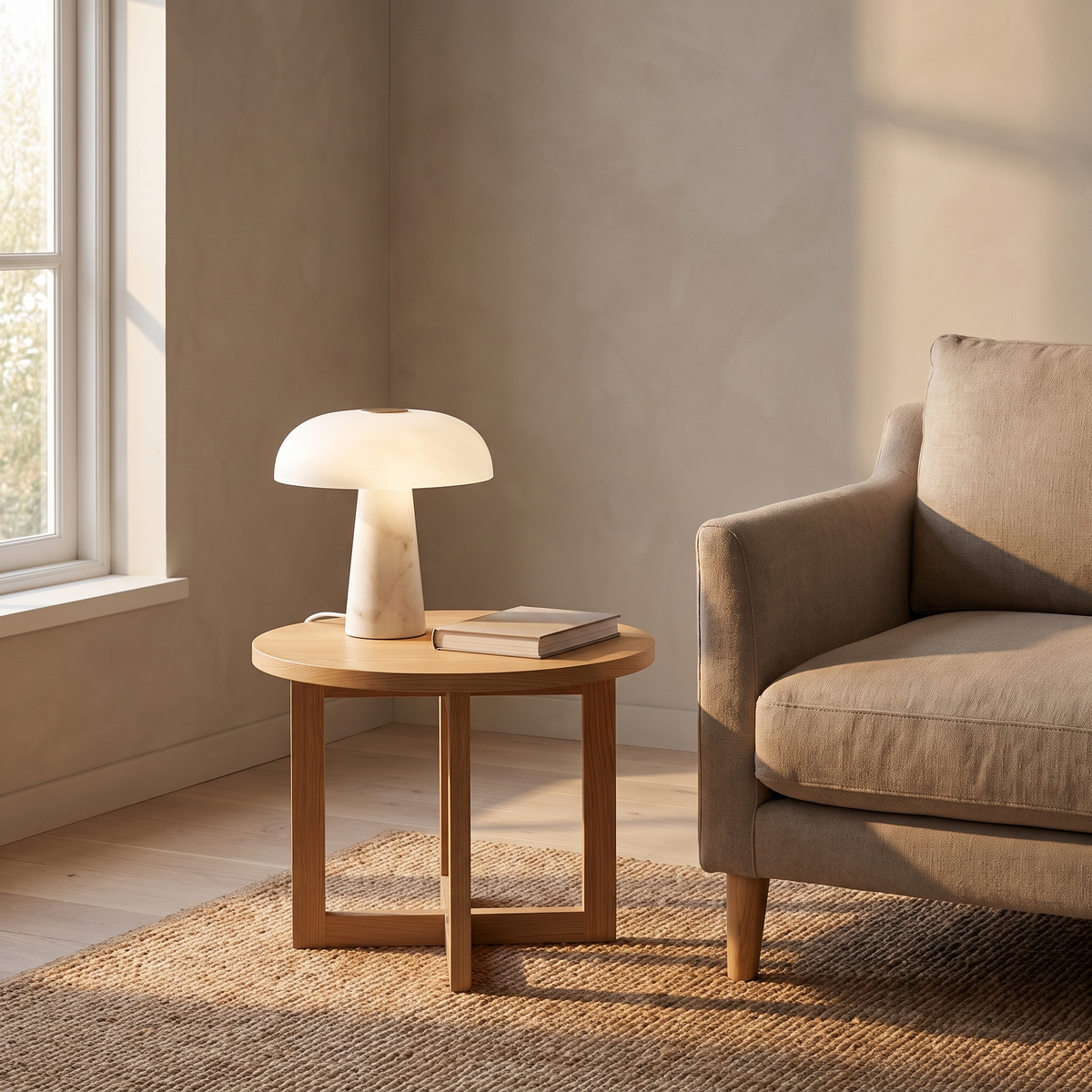 Lámpara de mesa de mármol Setalma – encendida sobre una mesa auxiliar de roble