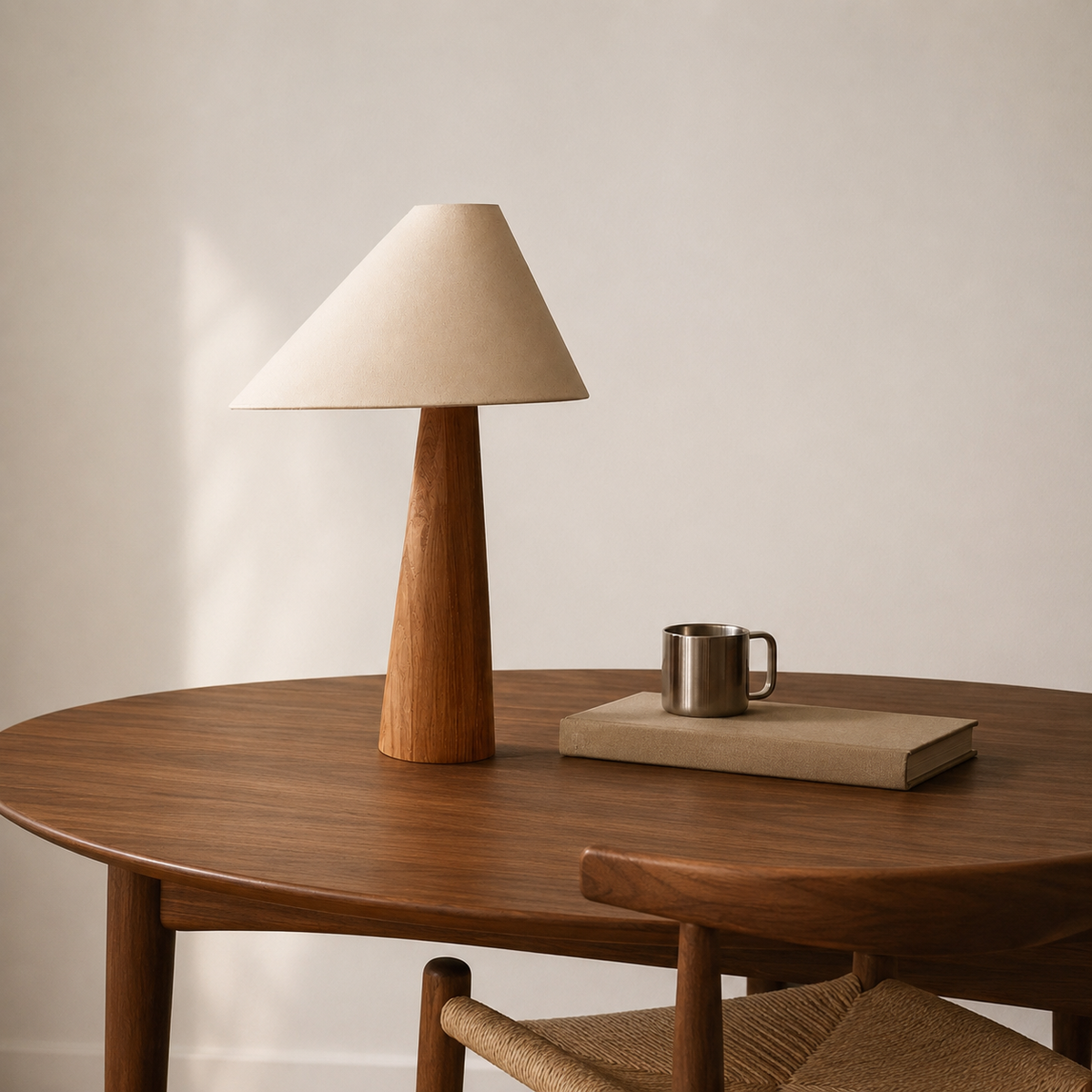Lámpara de mesa de madera Silvena – encendida sobre una mesa de nogal