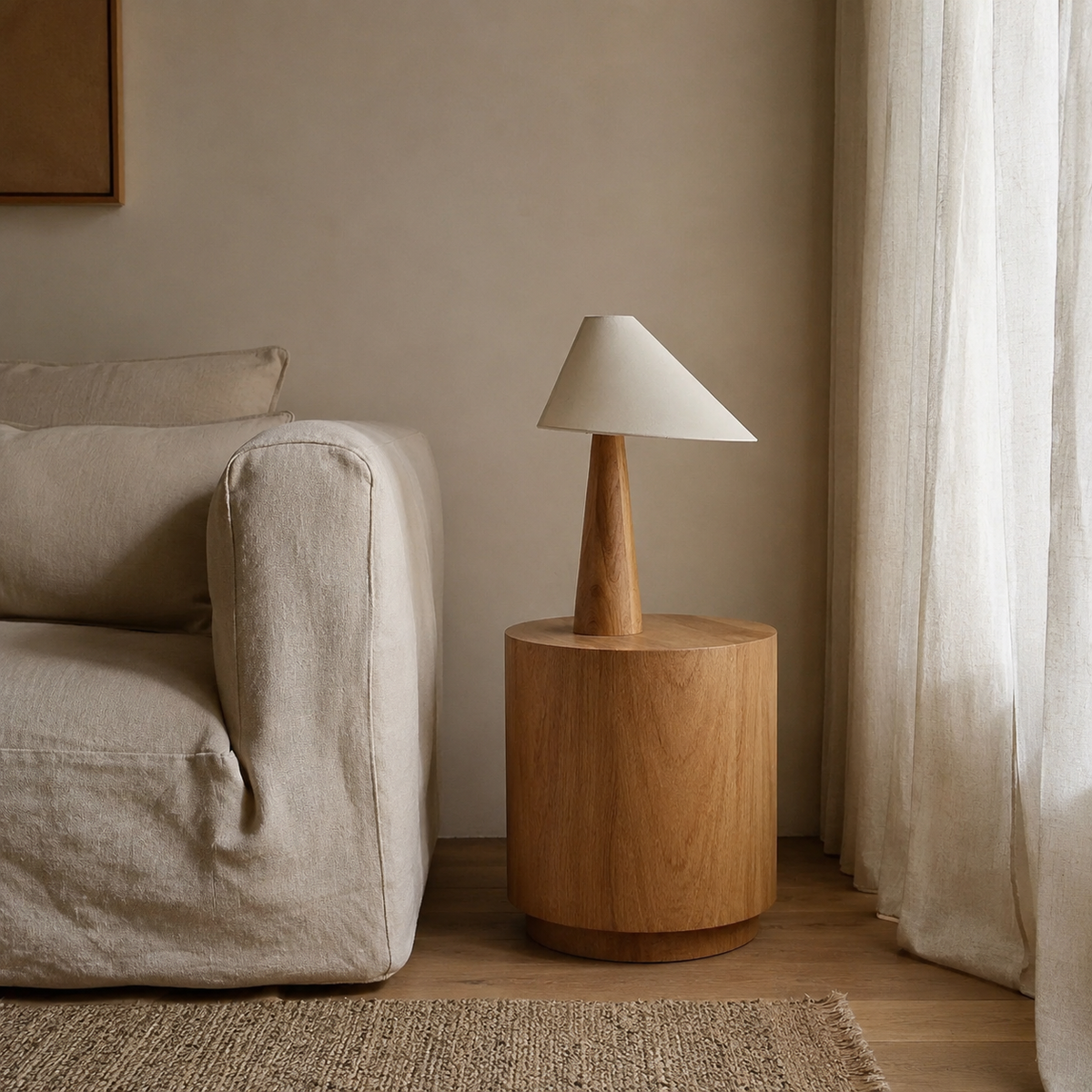 Lámpara de mesa de madera Silvena – junto a un sofá de lino