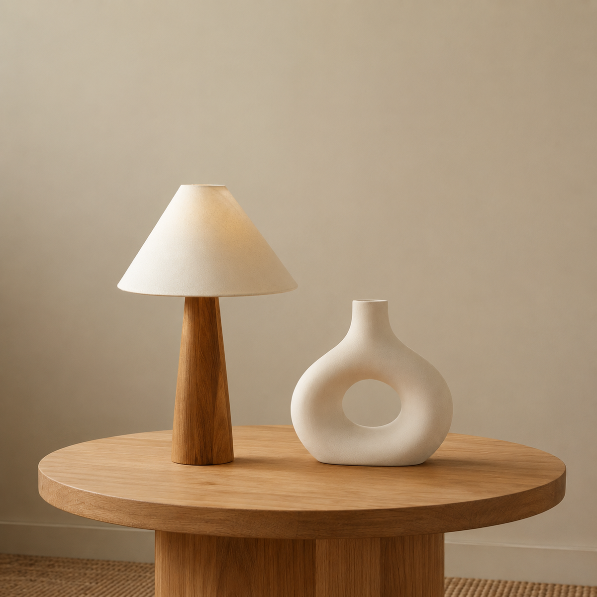 Lámpara de mesa de madera Silvena – sobre una mesa redonda de roble con un jarrón