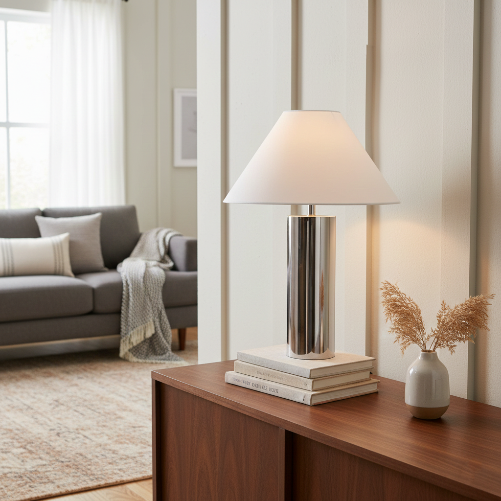 Lámpara de mesa cromada Silvera en un salón minimalista – imagen 7
