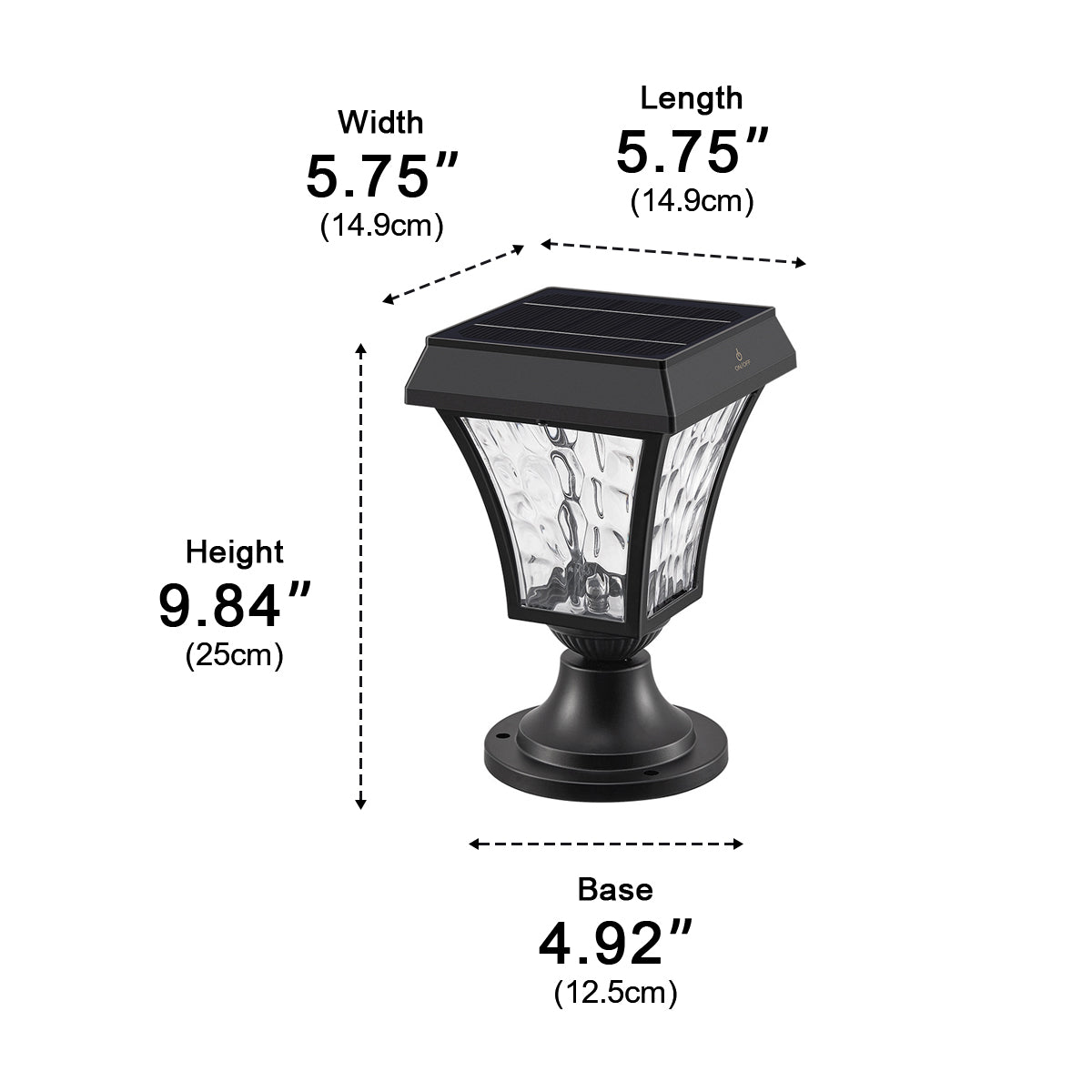 Farol solar para pilar Jaonda – medidas en pulgadas y centímetros